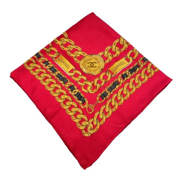 CHANEL Coco Mark Logo Red Chain Pattern Silk Scarf/Stole W/Box - Picture 7 of 16